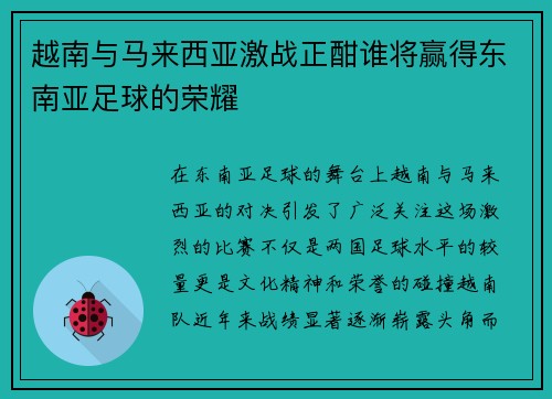 越南与马来西亚激战正酣谁将赢得东南亚足球的荣耀